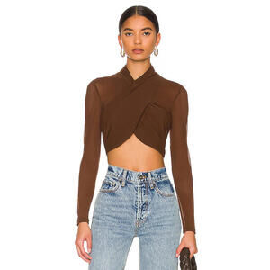 Revolve Aliyah Top Bardot brown cris cross front back zipper size M NWT